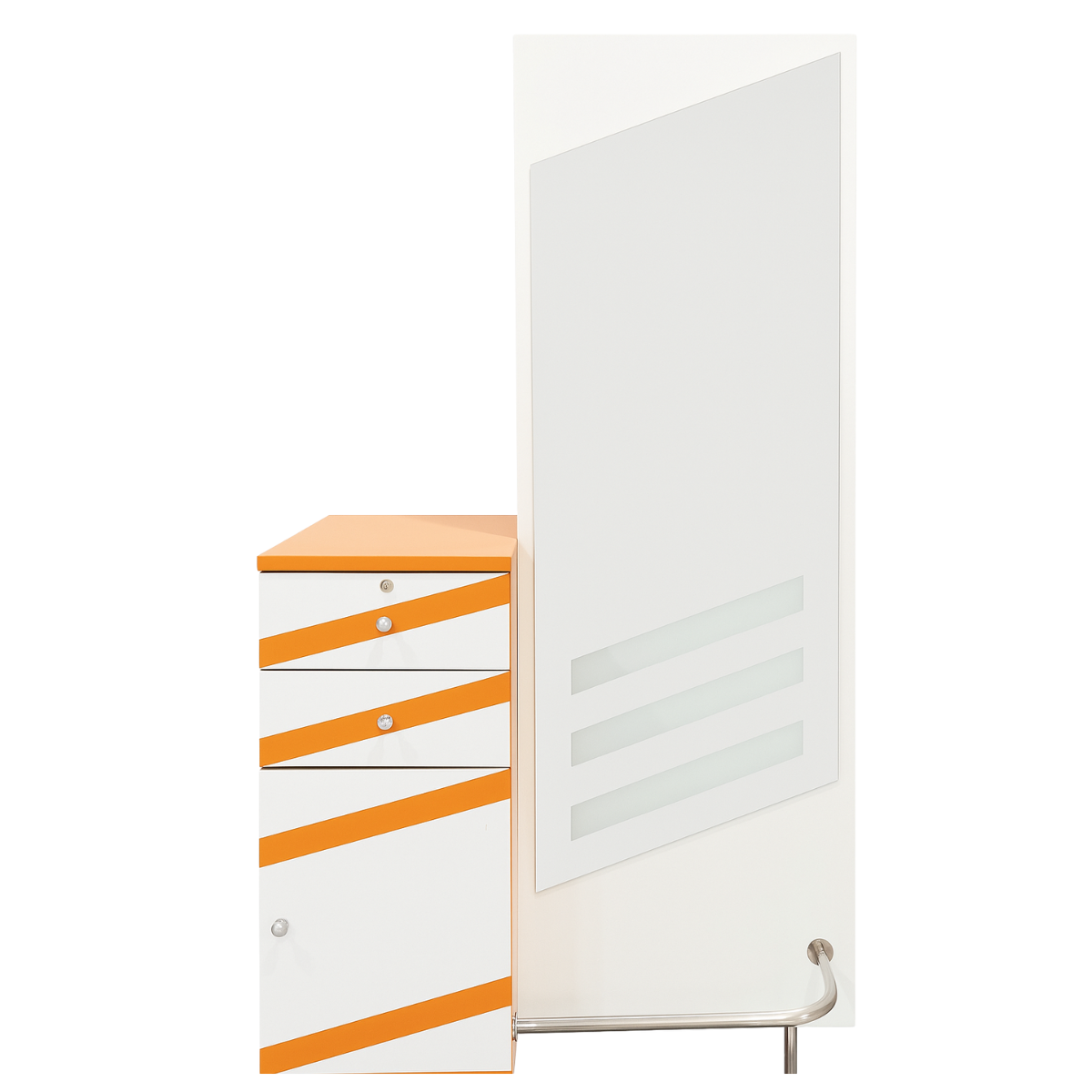 Poste de travail orange et blanc 2 côtés avec miroir