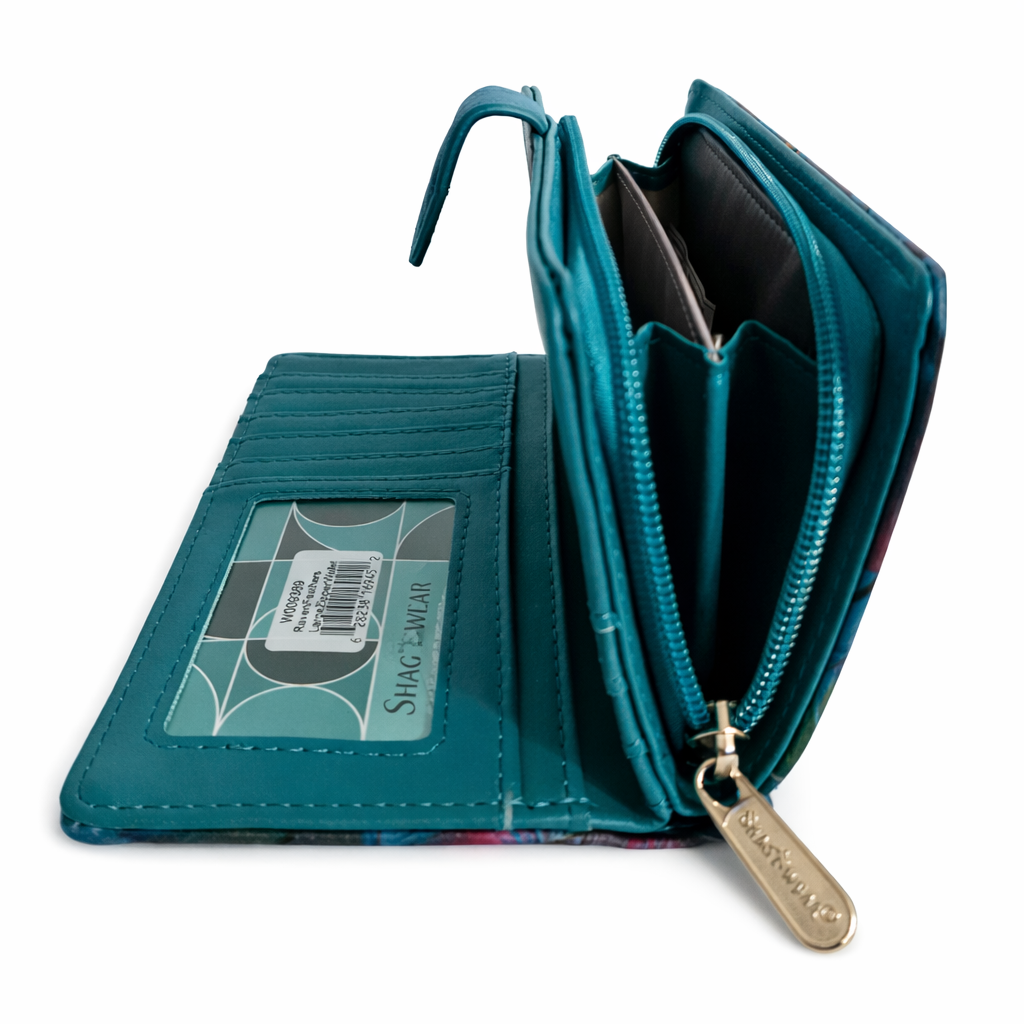 Corbeau et plumes de couleurs - portefeuille femme